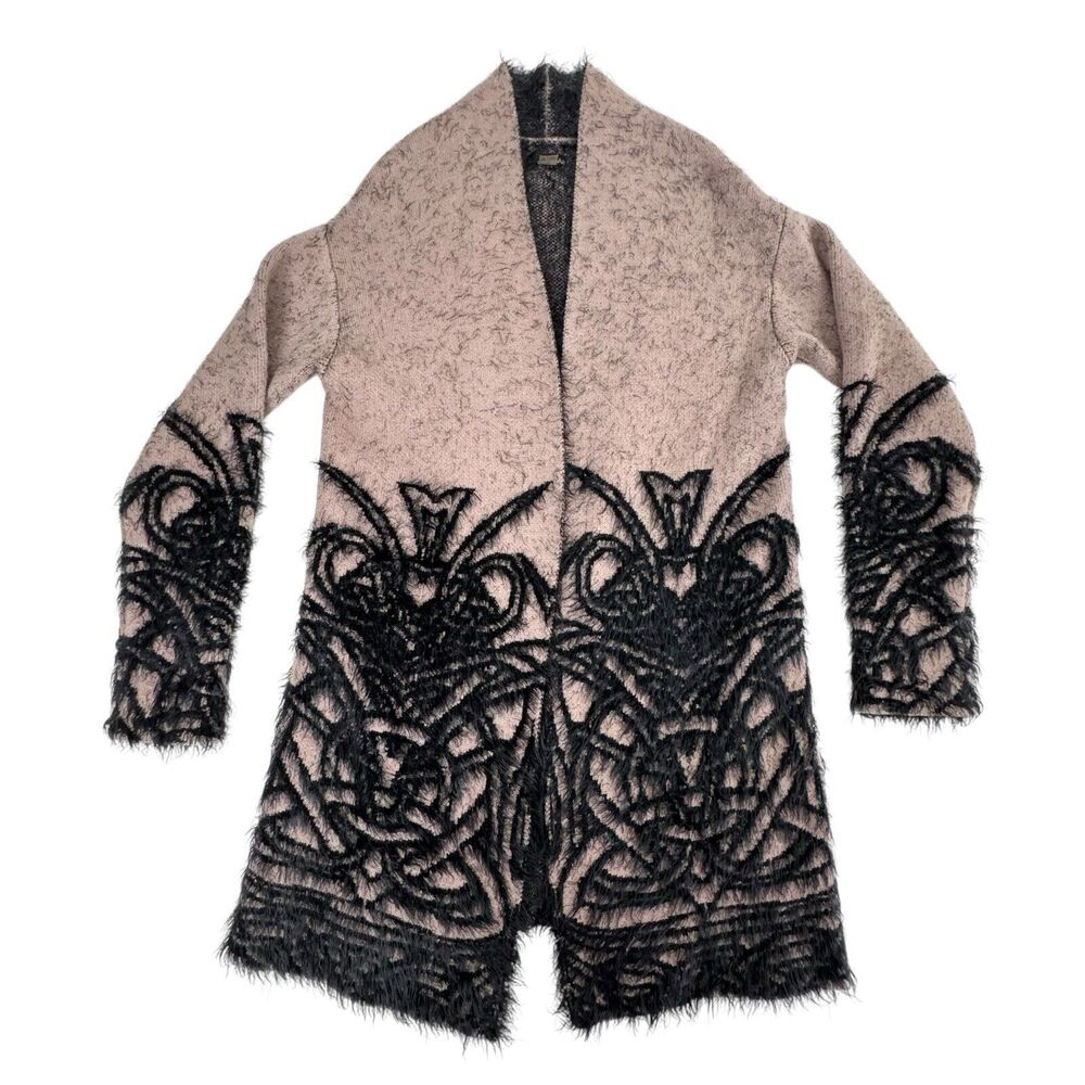 Renuar Open Front Long Cardigan Medium Tan Black Eyelash Knit Tribal Career Midi